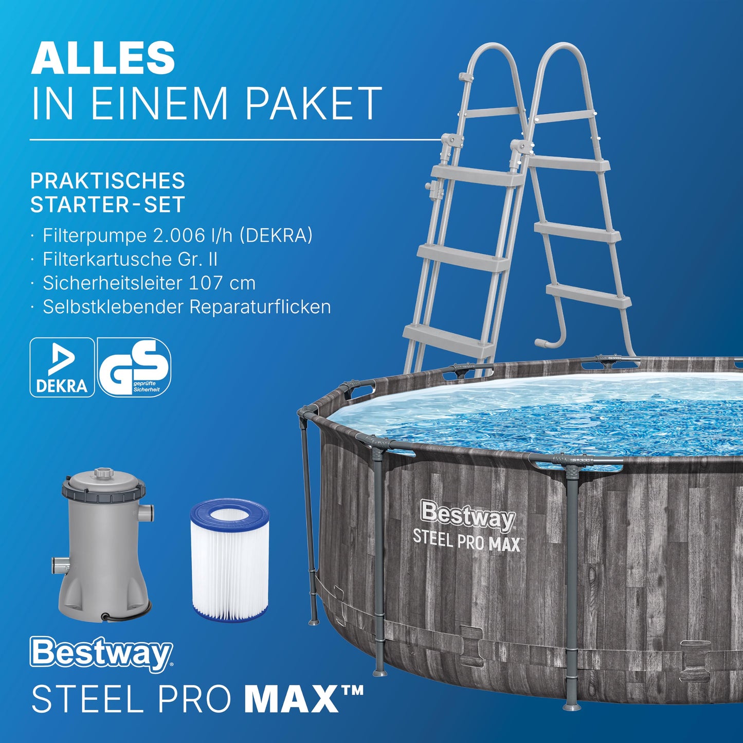 Bestway Aufstellpool rund 366x100 cm, Set mit Filterpumpe, Holz-Optik