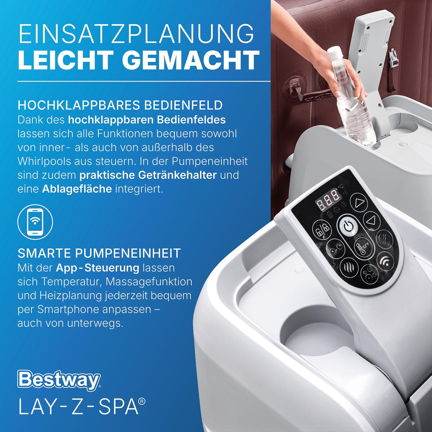 Bestway LAY-Z-SPA Energiespar-Whirlpool Maldives HydroJet Pro, 201 x 201 x 80 cm, 7 Personen, Heizung, Frostwächter, 8 HydroJet-Düsen, 180 AirJet-Düsen, App-Steuerung, Thermo-Abdeckung, Mahagoni, LEDs