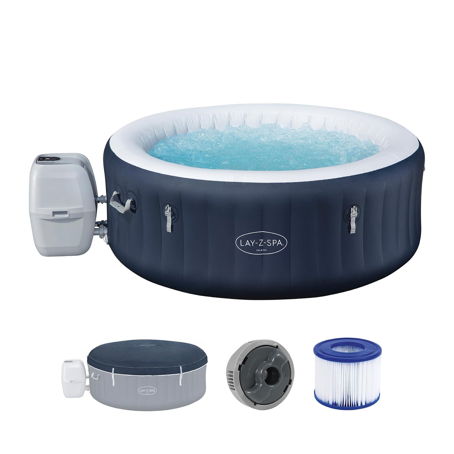 Bestway Lay-Z-SPA Energiespar-Whirlpool Miami AirJet, Ø 180 x 66 cm, 4 Personen, Heizung, Frostwächter, 120 AirJet-Düsen, Energiespardämmung, Thermo-Abdeckung, Dunkelblau