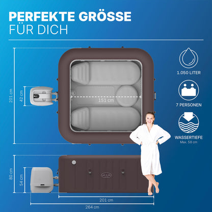 Bestway LAY-Z-SPA Energiespar-Whirlpool Maldives HydroJet Pro, 201 x 201 x 80 cm, 7 Personen, Heizung, Frostwächter, 8 HydroJet-Düsen, 180 AirJet-Düsen, App-Steuerung, Thermo-Abdeckung, Mahagoni, LEDs
