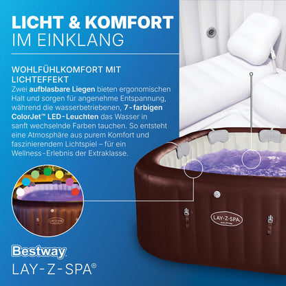 Bestway LAY-Z-SPA Energiespar-Whirlpool Maldives HydroJet Pro, 201 x 201 x 80 cm, 7 Personen, Heizung, Frostwächter, 8 HydroJet-Düsen, 180 AirJet-Düsen, App-Steuerung, Thermo-Abdeckung, Mahagoni, LEDs