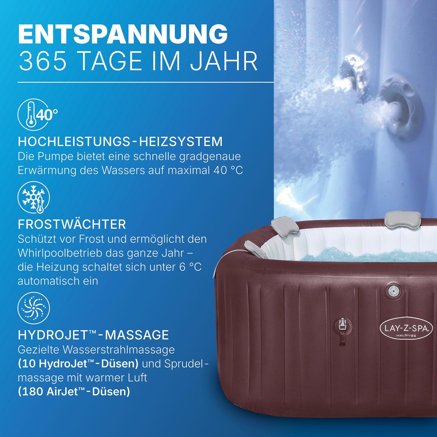 Bestway LAY-Z-SPA Energiespar-Whirlpool Maldives HydroJet Pro, 201 x 201 x 80 cm, 7 Personen, Heizung, Frostwächter, 8 HydroJet-Düsen, 180 AirJet-Düsen, App-Steuerung, Thermo-Abdeckung, Mahagoni, LEDs