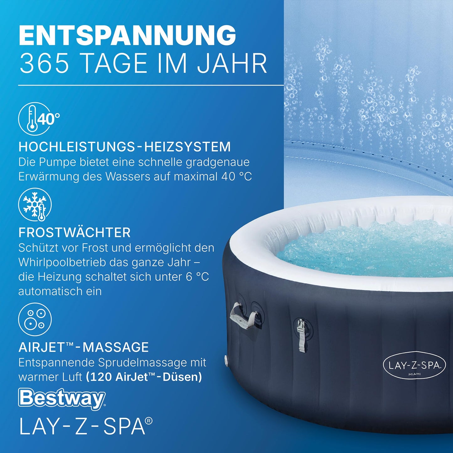 Bestway Lay-Z-SPA Energiespar-Whirlpool Miami AirJet, Ø 180 x 66 cm, 4 Personen, Heizung, Frostwächter, 120 AirJet-Düsen, Energiespardämmung, Thermo-Abdeckung, Dunkelblau