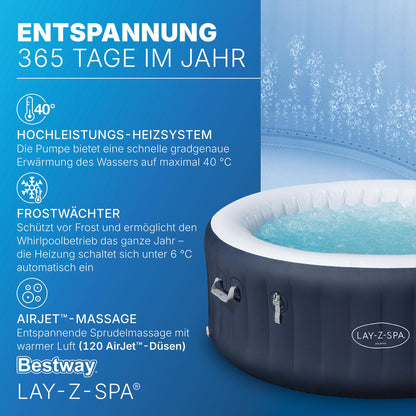 Bestway Lay-Z-SPA Energiespar-Whirlpool Miami AirJet, Ø 180 x 66 cm, 4 Personen, Heizung, Frostwächter, 120 AirJet-Düsen, Energiespardämmung, Thermo-Abdeckung, Dunkelblau