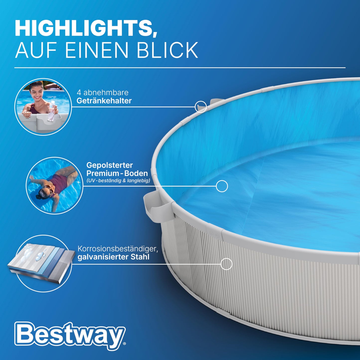Bestway Stahlwandpool Set 305 x 61 cm, Rund, Grau – Aufstellpool mit Filterpumpe für den Garten, 3790 Liter Gartenpool im Industrial-Look