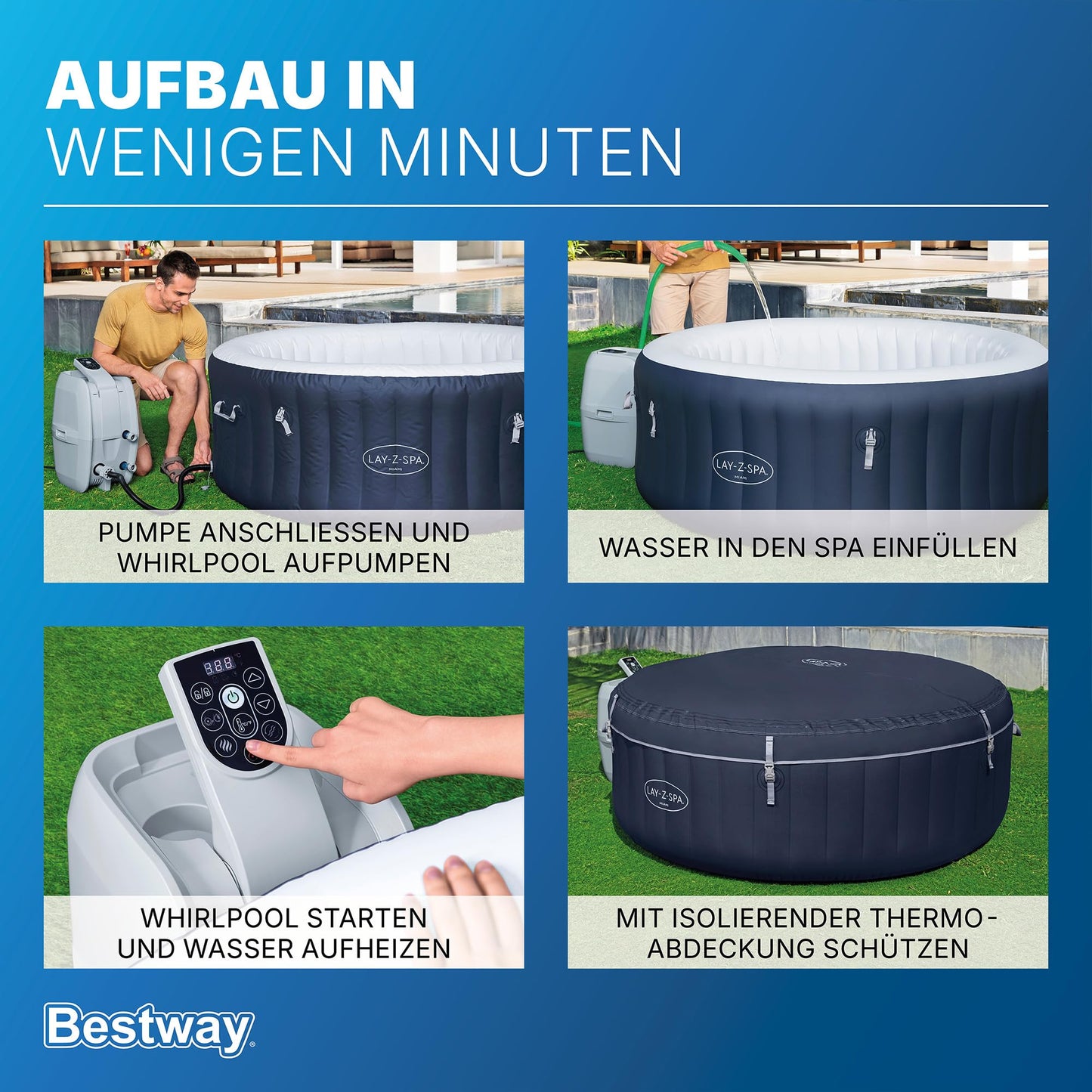 Bestway Lay-Z-SPA Energiespar-Whirlpool Miami AirJet, Ø 180 x 66 cm, 4 Personen, Heizung, Frostwächter, 120 AirJet-Düsen, Energiespardämmung, Thermo-Abdeckung, Dunkelblau