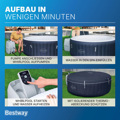 Bestway Lay-Z-SPA Energiespar-Whirlpool Miami AirJet, Ø 180 x 66 cm, 4 Personen, Heizung, Frostwächter, 120 AirJet-Düsen, Energiespardämmung, Thermo-Abdeckung, Dunkelblau