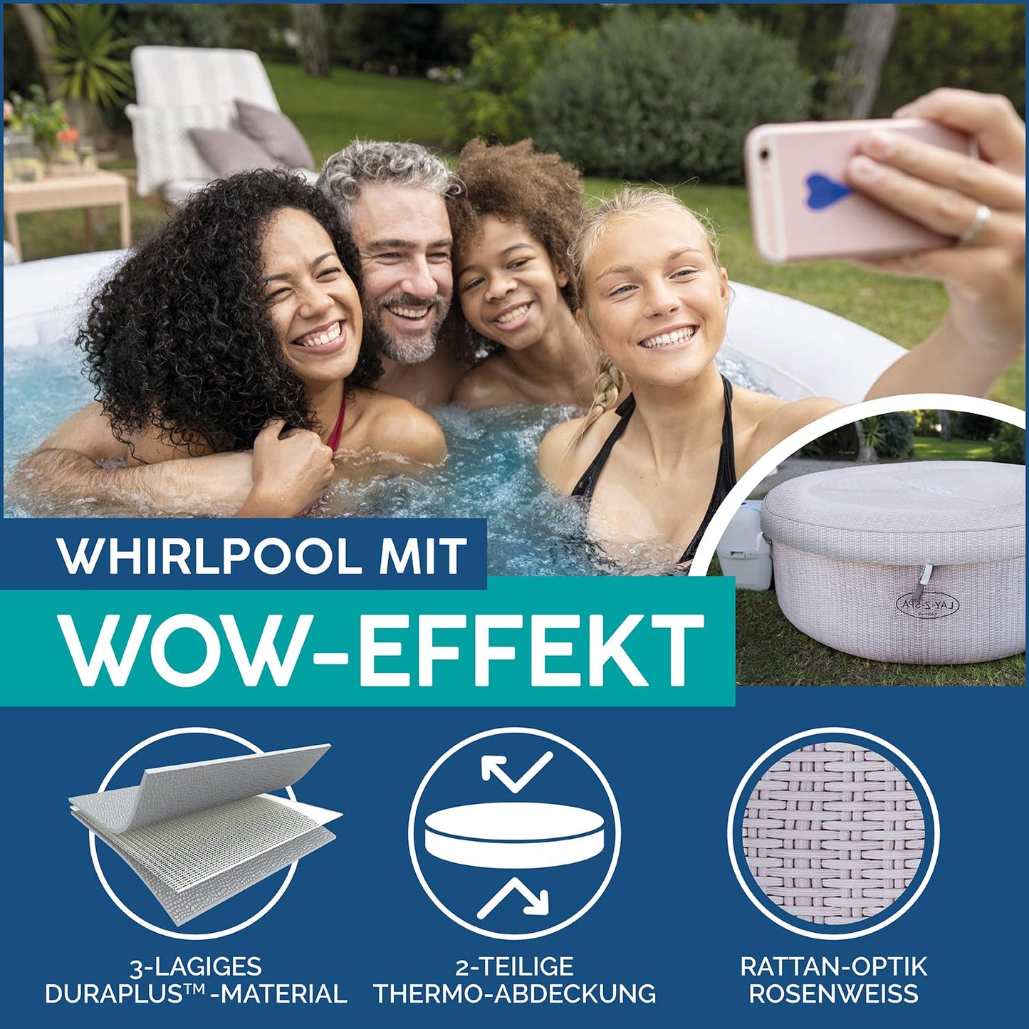 Bestway® Lay-Z-SPA® Cancun AirJet™ Whirlpool, 180 x 66 cm, 2-4 Personen, rund, graue Rattan-Optik