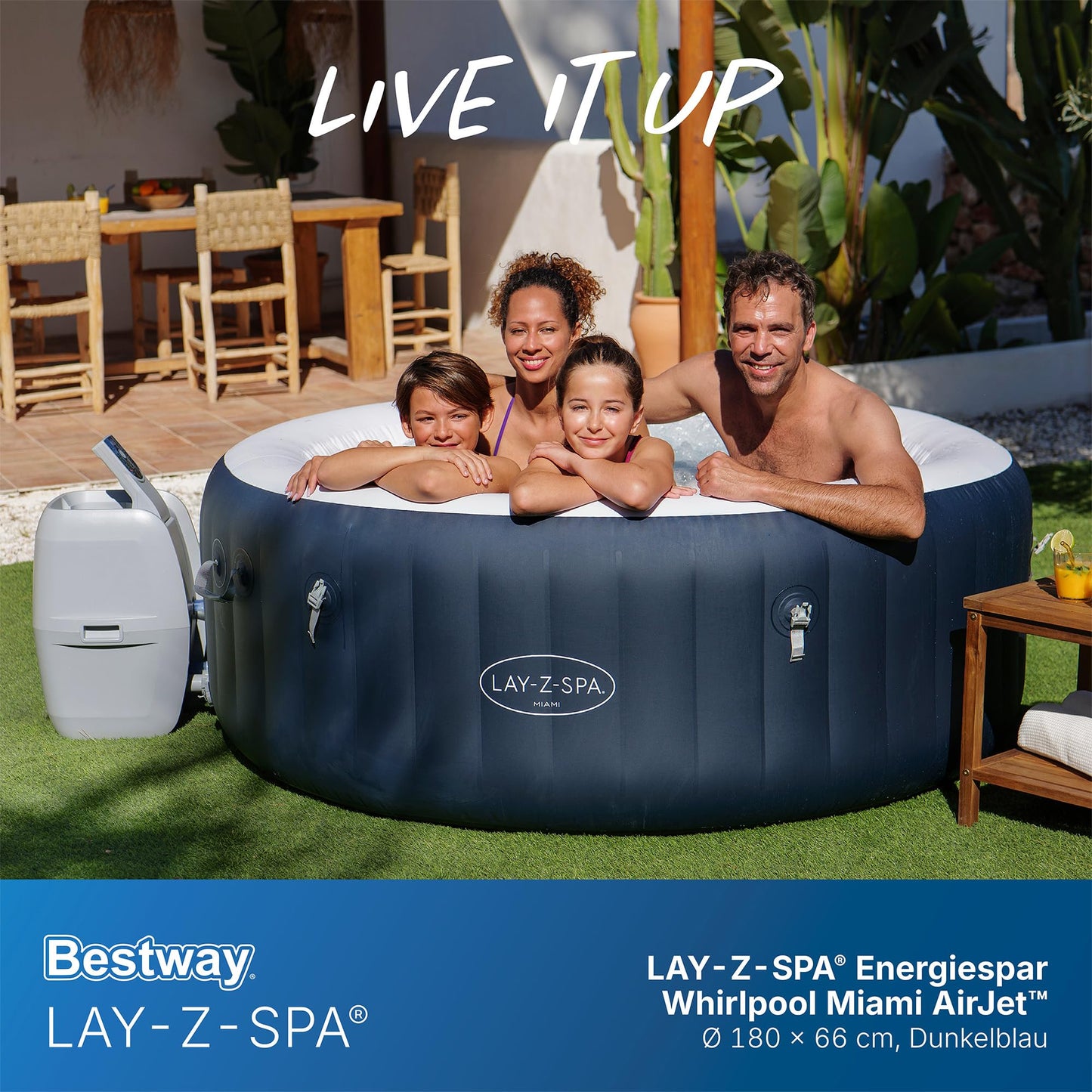 Bestway Lay-Z-SPA Energiespar-Whirlpool Miami AirJet, Ø 180 x 66 cm, 4 Personen, Heizung, Frostwächter, 120 AirJet-Düsen, Energiespardämmung, Thermo-Abdeckung, Dunkelblau