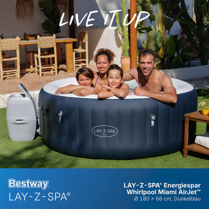 Bestway Lay-Z-SPA Energiespar-Whirlpool Miami AirJet, Ø 180 x 66 cm, 4 Personen, Heizung, Frostwächter, 120 AirJet-Düsen, Energiespardämmung, Thermo-Abdeckung, Dunkelblau