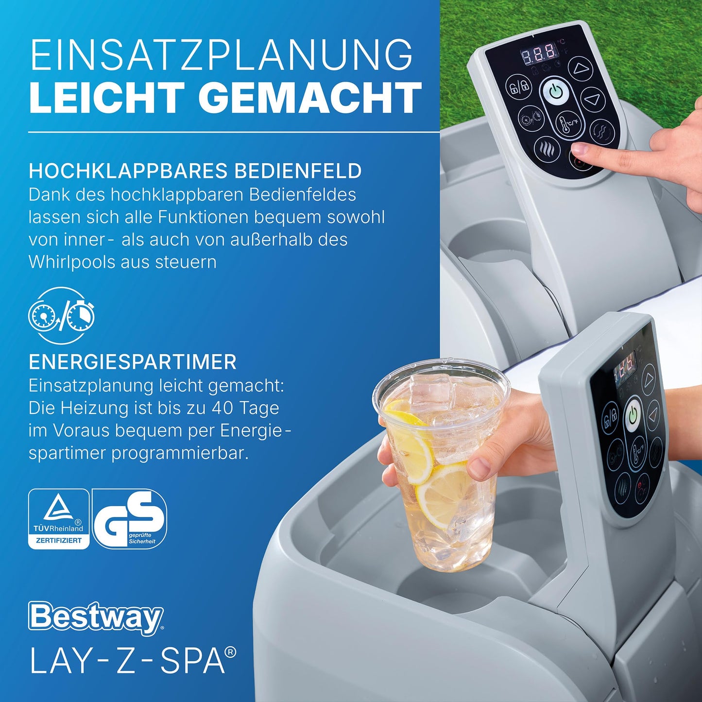 Bestway Lay-Z-SPA Energiespar-Whirlpool Miami AirJet, Ø 180 x 66 cm, 4 Personen, Heizung, Frostwächter, 120 AirJet-Düsen, Energiespardämmung, Thermo-Abdeckung, Dunkelblau