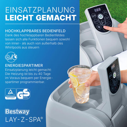 Bestway Lay-Z-SPA Energiespar-Whirlpool Miami AirJet, Ø 180 x 66 cm, 4 Personen, Heizung, Frostwächter, 120 AirJet-Düsen, Energiespardämmung, Thermo-Abdeckung, Dunkelblau