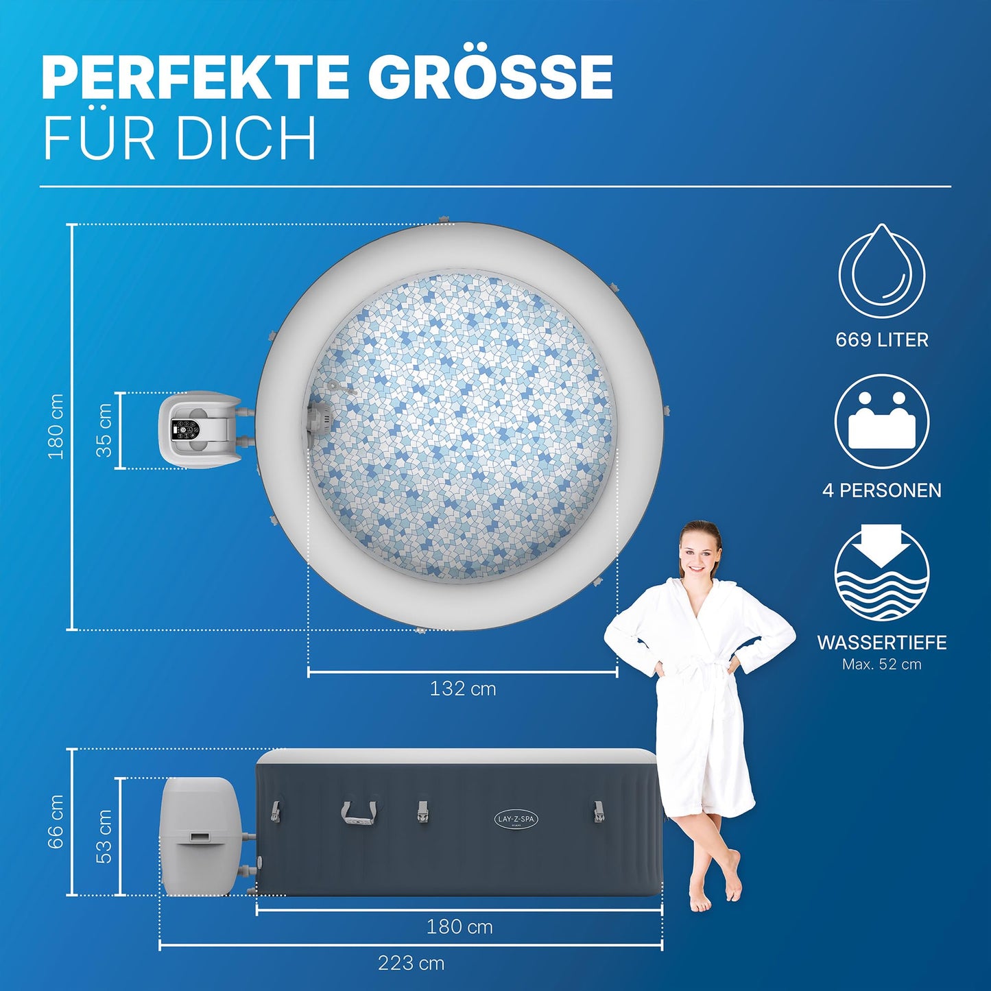 Bestway Lay-Z-SPA Energiespar-Whirlpool Miami AirJet, Ø 180 x 66 cm, 4 Personen, Heizung, Frostwächter, 120 AirJet-Düsen, Energiespardämmung, Thermo-Abdeckung, Dunkelblau