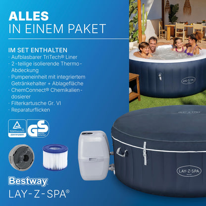 Bestway Lay-Z-SPA Energiespar-Whirlpool Miami AirJet, Ø 180 x 66 cm, 4 Personen, Heizung, Frostwächter, 120 AirJet-Düsen, Energiespardämmung, Thermo-Abdeckung, Dunkelblau