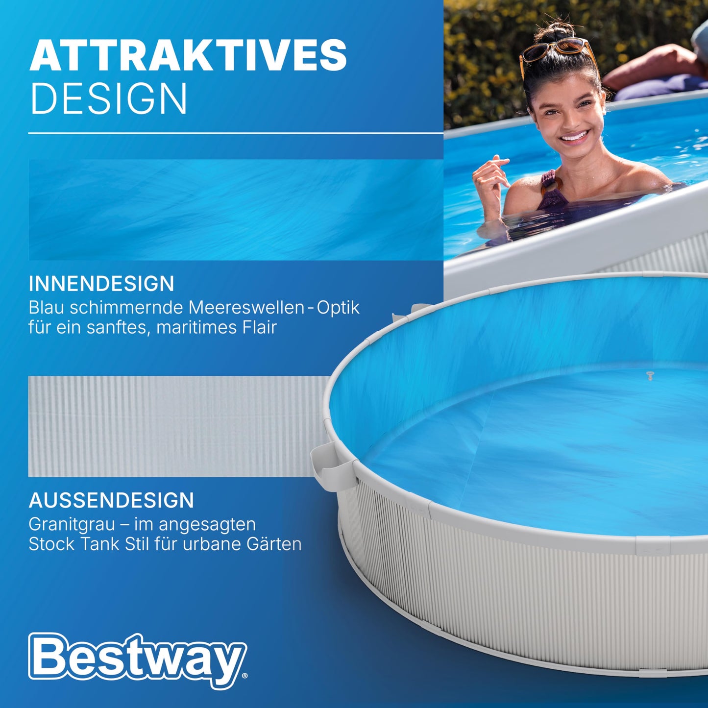 Bestway Stahlwandpool Set 305 x 61 cm, Rund, Grau – Aufstellpool mit Filterpumpe für den Garten, 3790 Liter Gartenpool im Industrial-Look