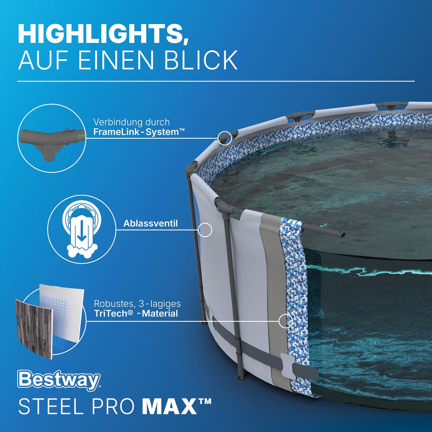 Bestway Aufstellpool rund 366x100 cm, Set mit Filterpumpe, Holz-Optik