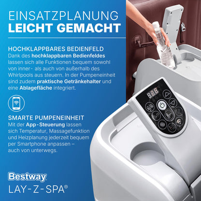 Bestway LAY-Z-SPA Energiespar-Whirlpool Maldives HydroJet Pro, 201 x 201 x 80 cm, 7 Personen, Heizung, Frostwächter, 8 HydroJet-Düsen, 180 AirJet-Düsen, App-Steuerung, Thermo-Abdeckung, Mahagoni, LEDs