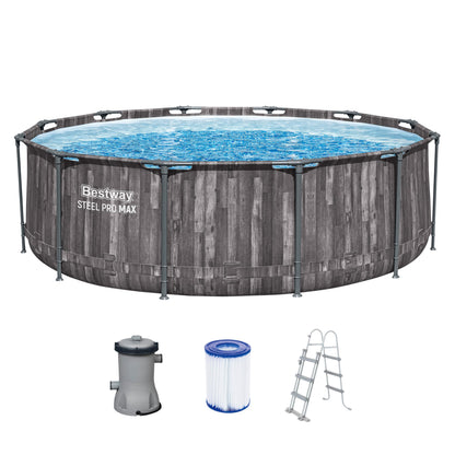 Bestway Aufstellpool rund 366x100 cm, Set mit Filterpumpe, Holz-Optik