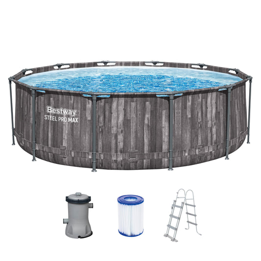 Bestway Aufstellpool rund 366x100 cm, Set mit Filterpumpe, Holz-Optik