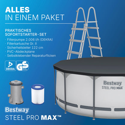 Bestway Aufstellpool rund 366x122 cm, Komplett-Set mit Filterpumpe