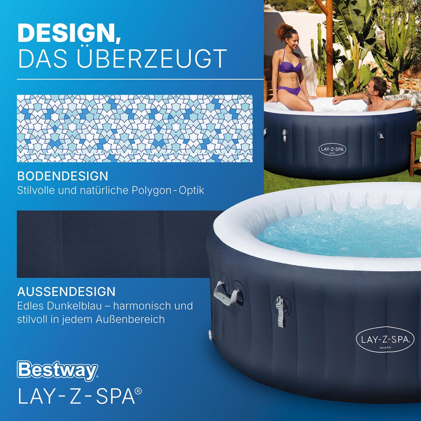 Bestway Lay-Z-SPA Energiespar-Whirlpool Miami AirJet, Ø 180 x 66 cm, 4 Personen, Heizung, Frostwächter, 120 AirJet-Düsen, Energiespardämmung, Thermo-Abdeckung, Dunkelblau