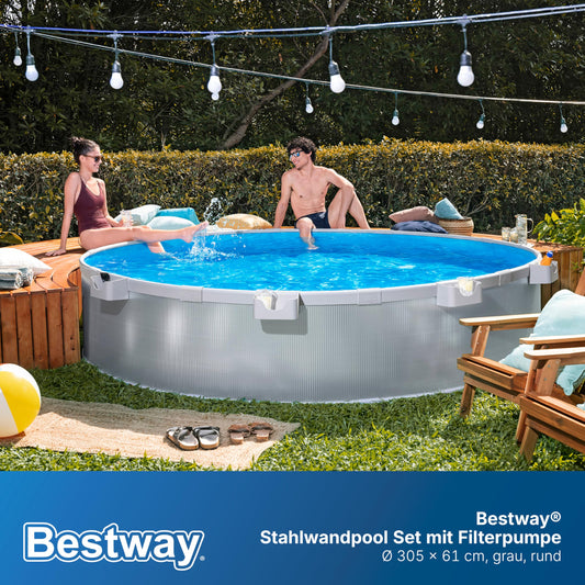 Bestway Stahlwandpool Set 305 x 61 cm, Rund, Grau – Aufstellpool mit Filterpumpe für den Garten, 3790 Liter Gartenpool im Industrial-Look