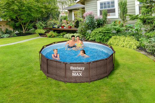 Bestway 56709-GS18 Steel Pro Max Stahlrahmenpool-Set mit Filterpumpe und Zubehör, 9150 L, blau, 366 x 366 x 100 cm