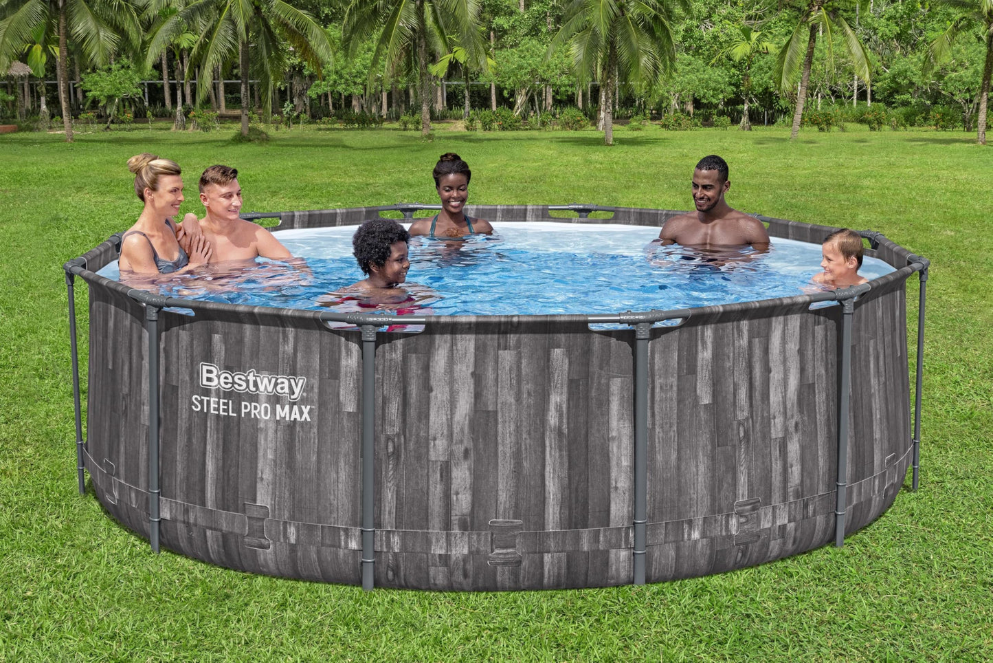 Bestway Aufstellpool rund 366x100 cm, Set mit Filterpumpe, Holz-Optik