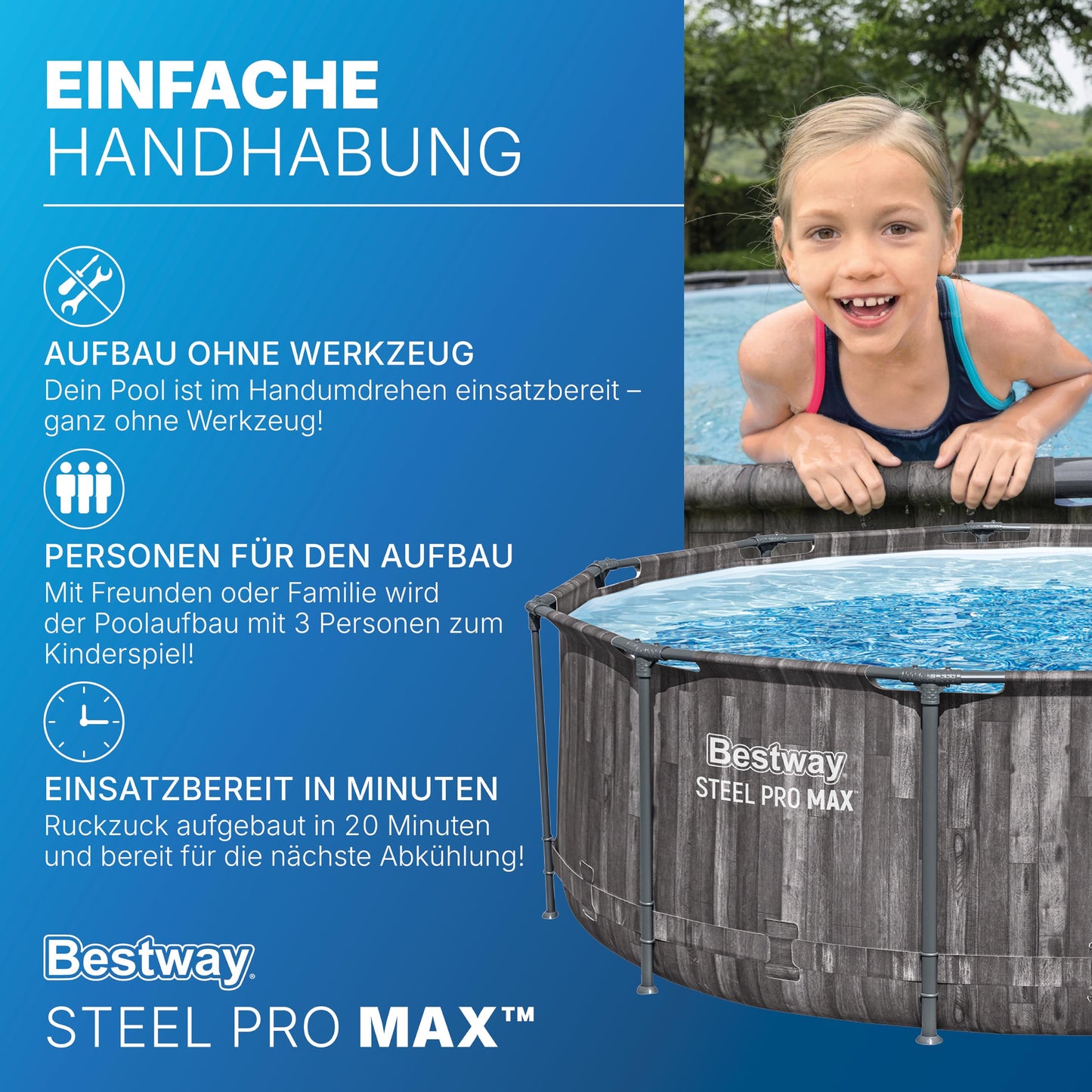 Bestway Aufstellpool rund 366x100 cm, Set mit Filterpumpe, Holz-Optik