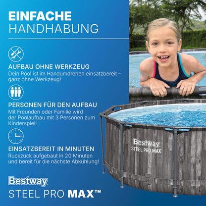 Bestway Aufstellpool rund 366x100 cm, Set mit Filterpumpe, Holz-Optik