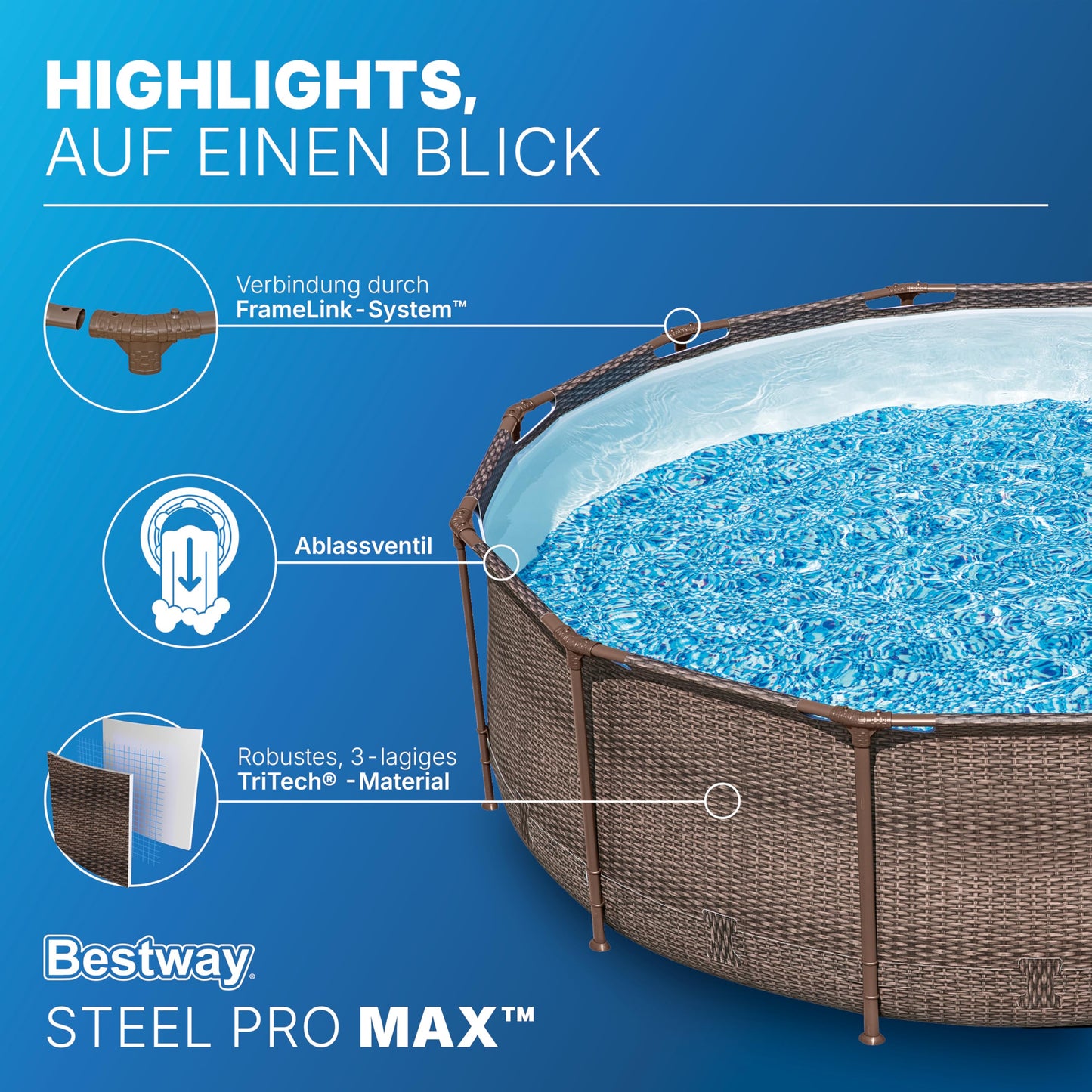Bestway Steel Pro MAX Solo Pool ohne Zubehör 366 x 100 cm, Rattan-Optik (Schokobraun), rund