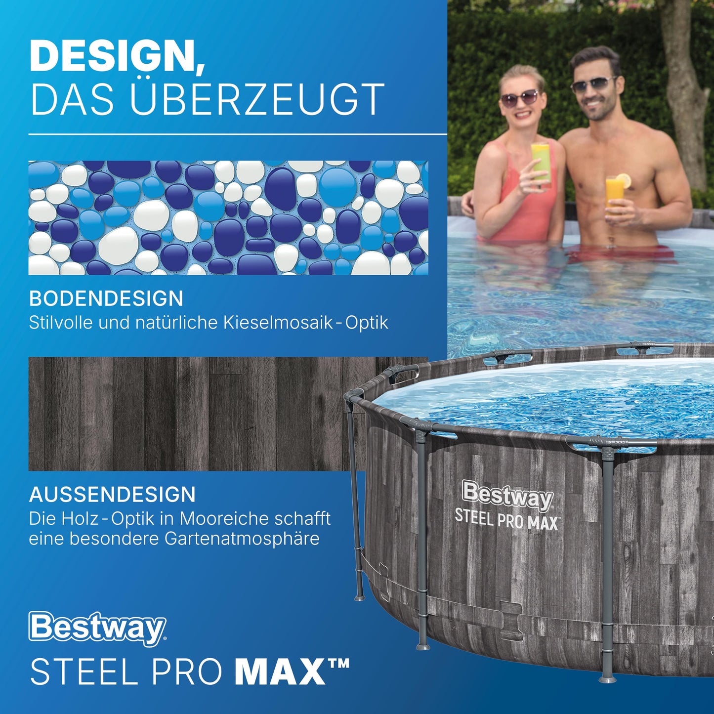 Bestway Aufstellpool rund 366x100 cm, Set mit Filterpumpe, Holz-Optik