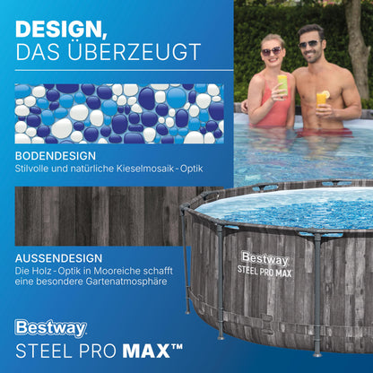 Bestway Aufstellpool rund 366x100 cm, Set mit Filterpumpe, Holz-Optik