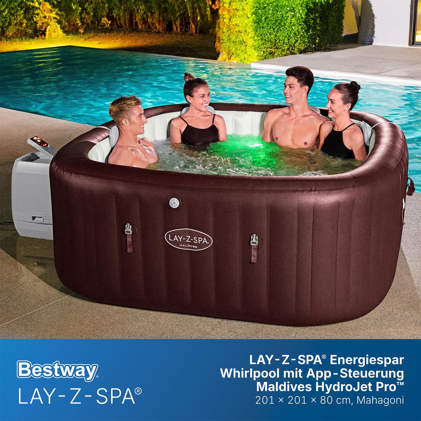Bestway LAY-Z-SPA Energiespar-Whirlpool Maldives HydroJet Pro, 201 x 201 x 80 cm, 7 Personen, Heizung, Frostwächter, 8 HydroJet-Düsen, 180 AirJet-Düsen, App-Steuerung, Thermo-Abdeckung, Mahagoni, LEDs