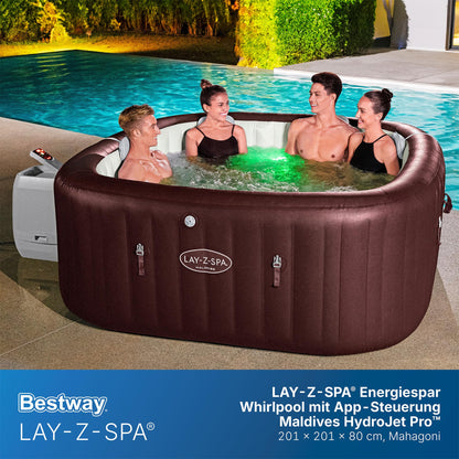 Bestway LAY-Z-SPA Energiespar-Whirlpool Maldives HydroJet Pro, 201 x 201 x 80 cm, 7 Personen, Heizung, Frostwächter, 8 HydroJet-Düsen, 180 AirJet-Düsen, App-Steuerung, Thermo-Abdeckung, Mahagoni, LEDs