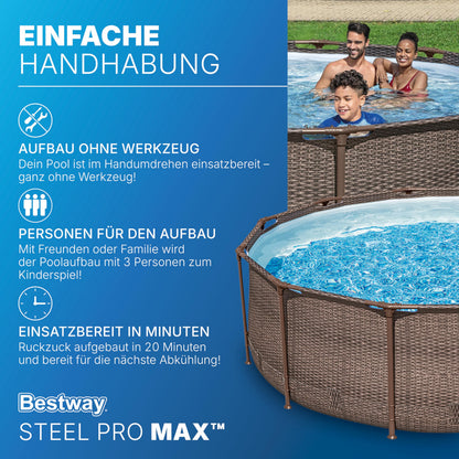 Bestway Steel Pro MAX Solo Pool ohne Zubehör 366 x 100 cm, Rattan-Optik (Schokobraun), rund