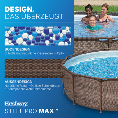 Bestway Steel Pro MAX Solo Pool ohne Zubehör 366 x 100 cm, Rattan-Optik (Schokobraun), rund