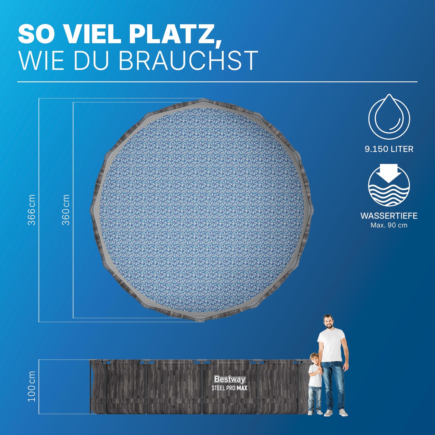 Bestway Aufstellpool rund 366x100 cm, Set mit Filterpumpe, Holz-Optik