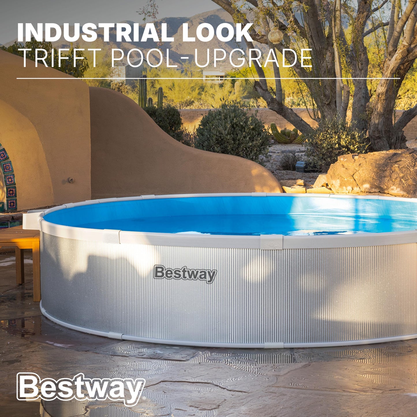 Bestway Stahlwandpool Set 305 x 61 cm, Rund, Grau – Aufstellpool mit Filterpumpe für den Garten, 3790 Liter Gartenpool im Industrial-Look