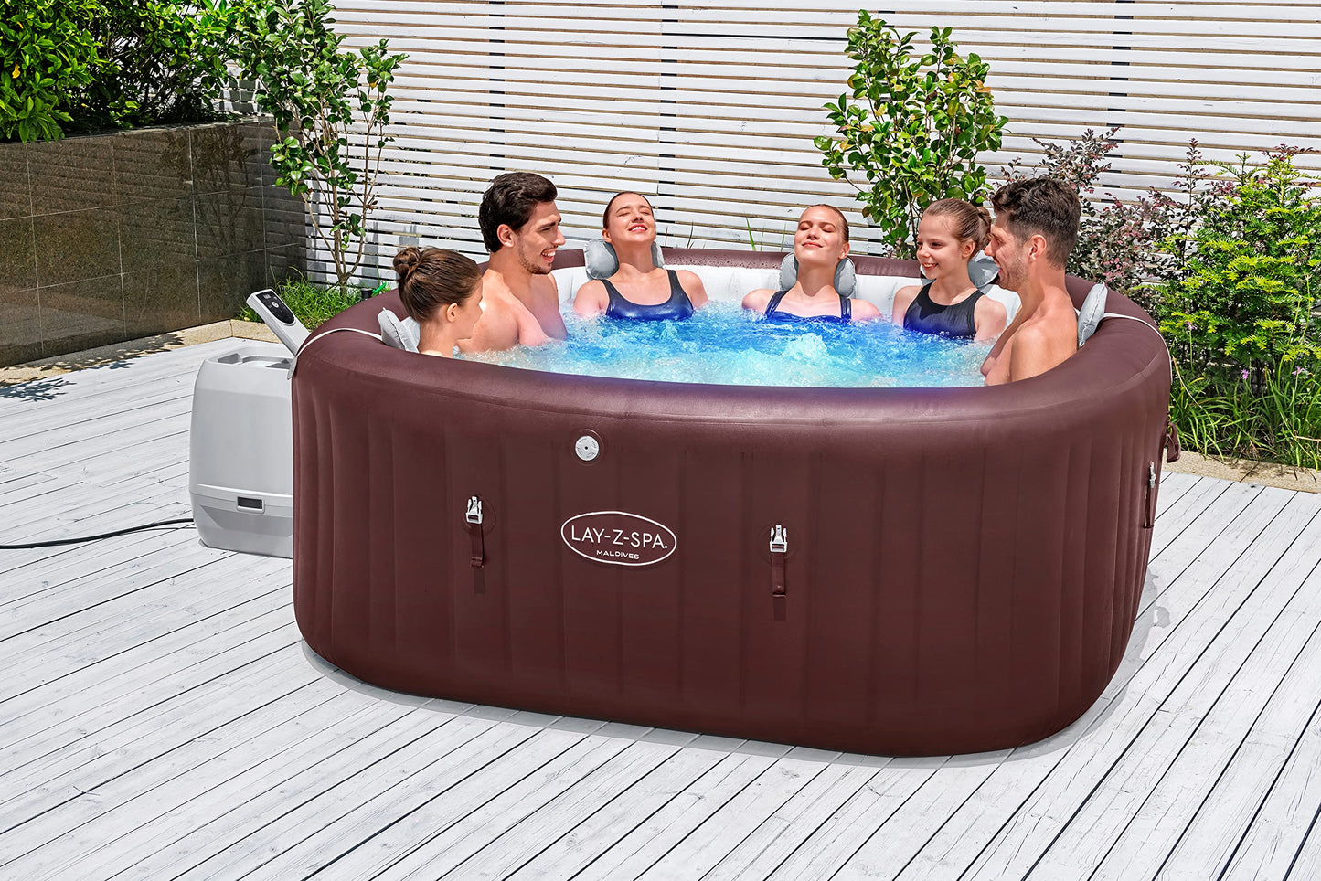 Bestway LAY-Z-SPA Energiespar-Whirlpool Maldives HydroJet Pro, 201 x 201 x 80 cm, 7 Personen, Heizung, Frostwächter, 8 HydroJet-Düsen, 180 AirJet-Düsen, App-Steuerung, Thermo-Abdeckung, Mahagoni, LEDs