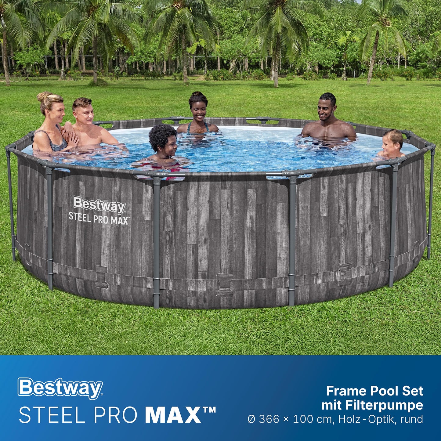 Bestway Aufstellpool rund 366x100 cm, Set mit Filterpumpe, Holz-Optik