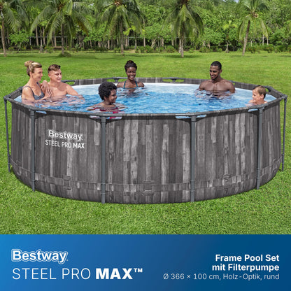 Bestway Aufstellpool rund 366x100 cm, Set mit Filterpumpe, Holz-Optik